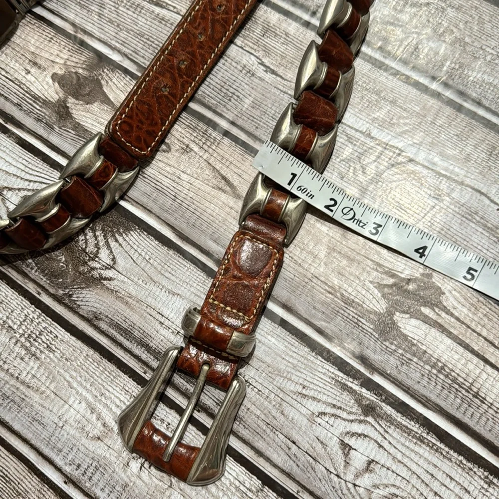 Vintage Leather Brown Unique Heavy Silvertone Embellished Woven Belt